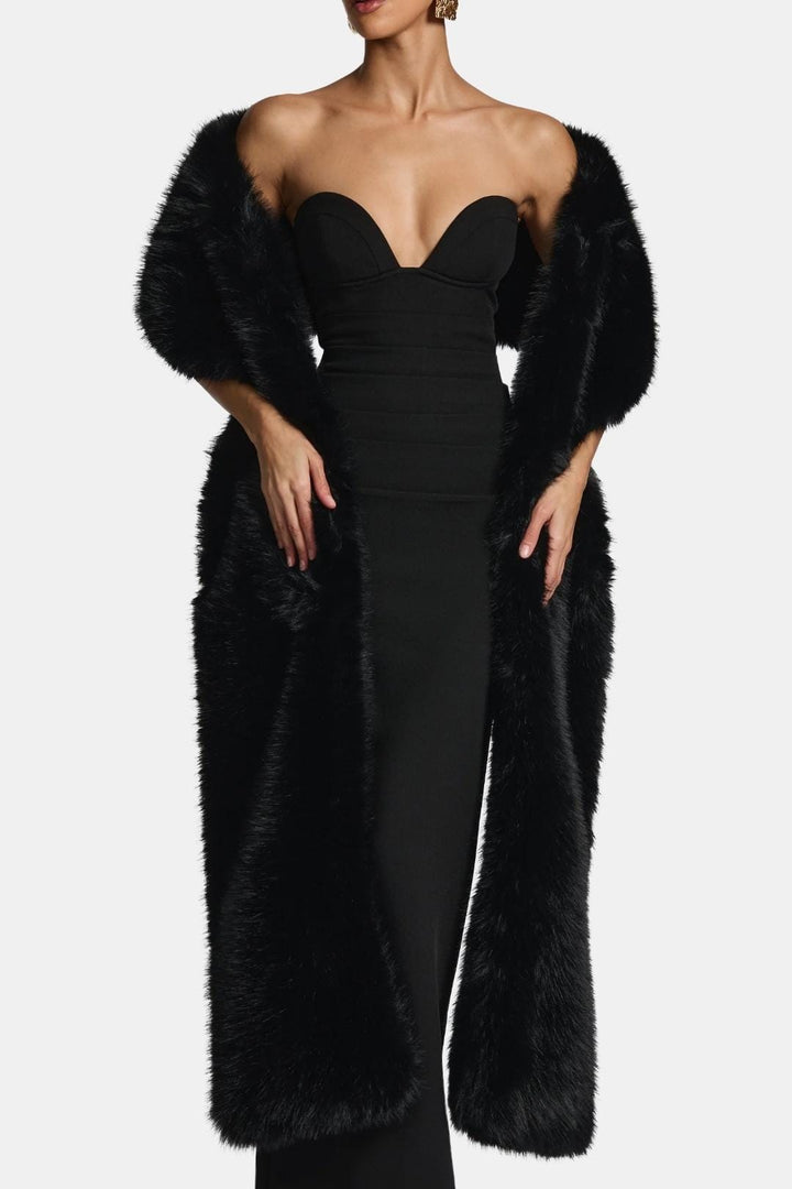 Women's floor-length faux fur shawl with wide collar and open front