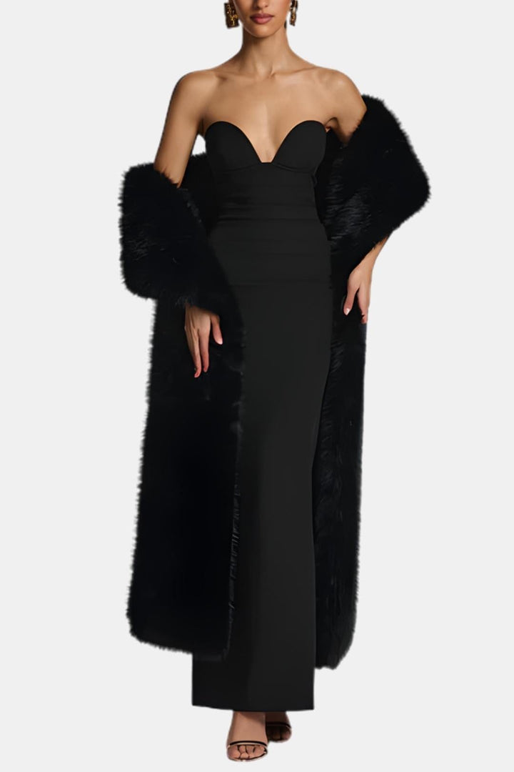 Women's floor-length faux fur shawl with wide collar and open front