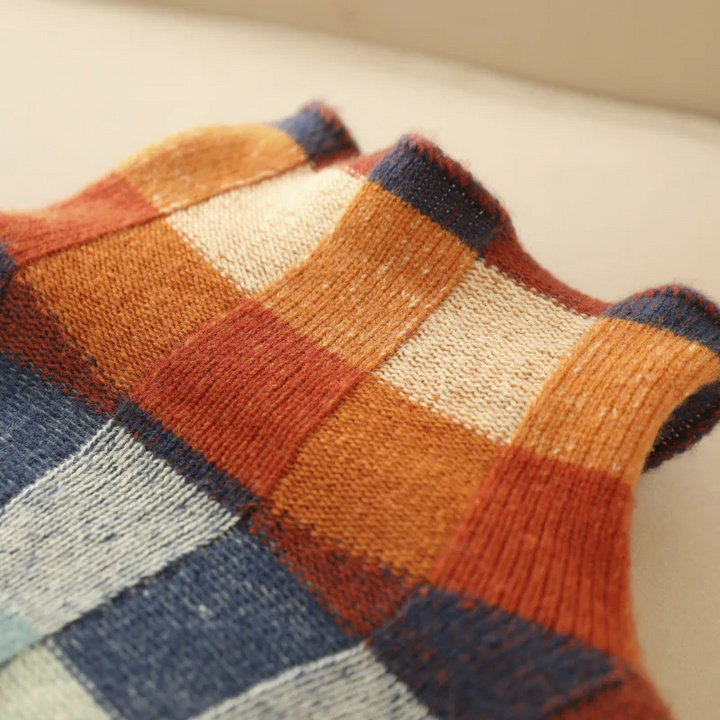 Women's multicolor checkered turtleneck sweater with long sleeves