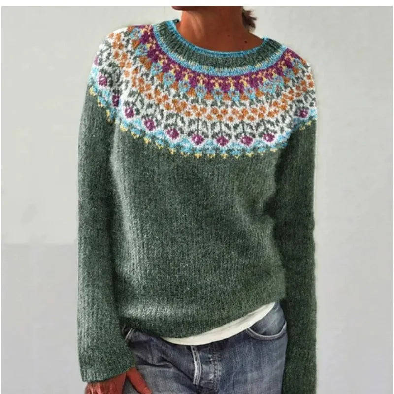 Women's Fair Isle crew neck jumper with long sleeves and patterned yoke