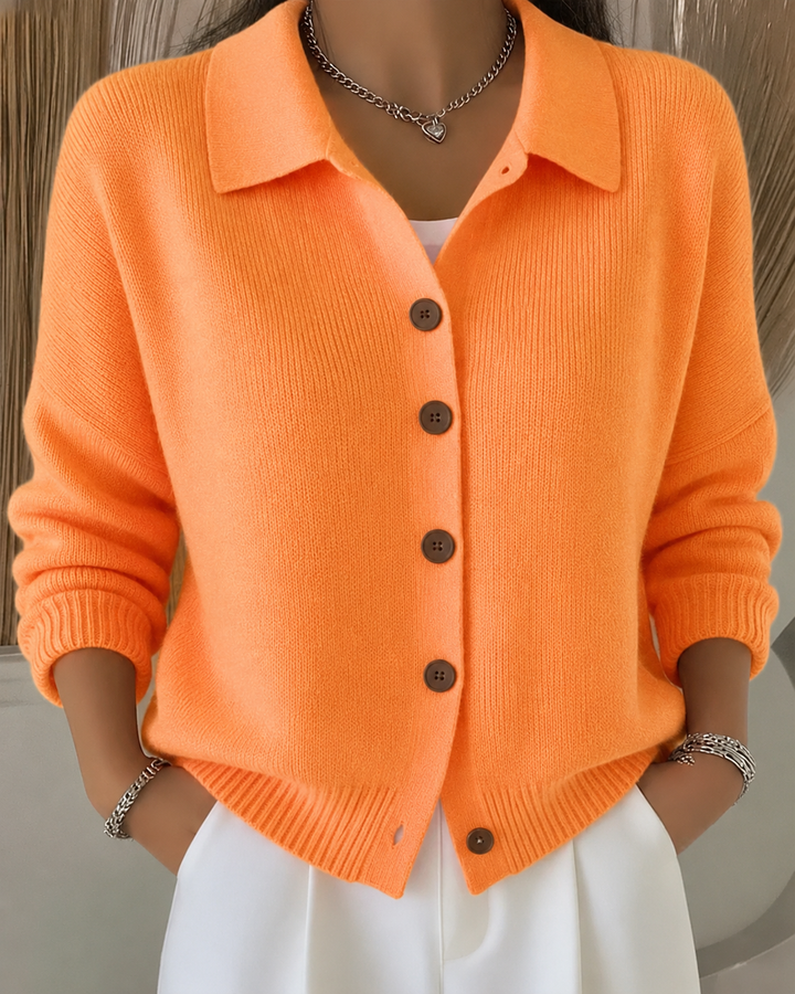 Women's collared knit cardigan with long sleeves and button front