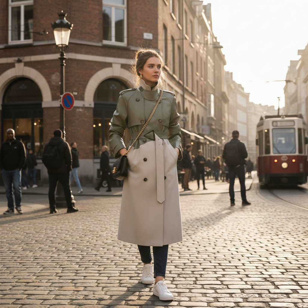 Women's two-tone trench coat with high mock neck, button front and belted waist