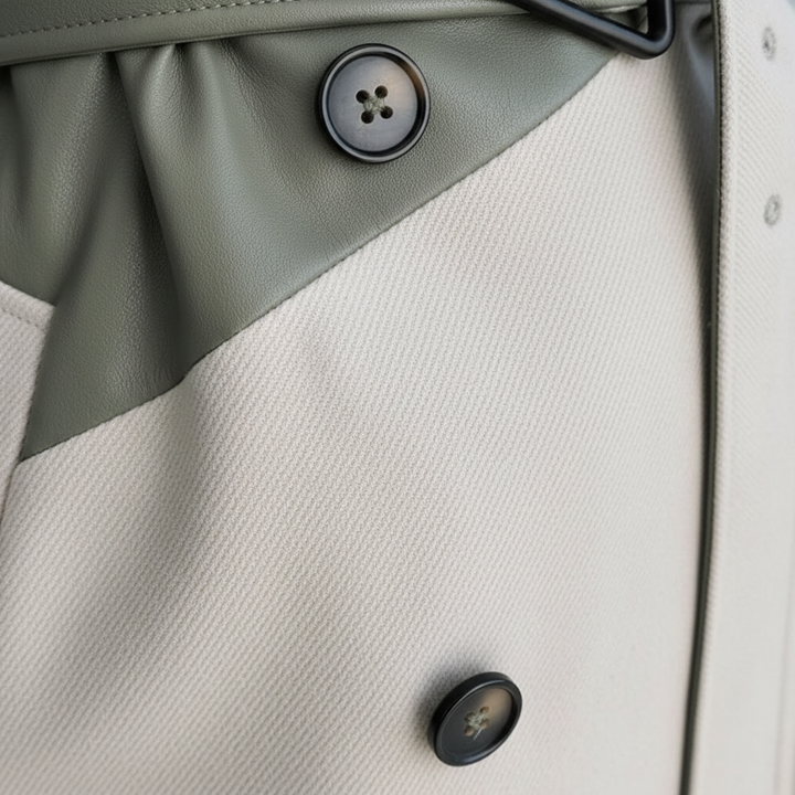 Women's two-tone trench coat with high mock neck, button front and belted waist