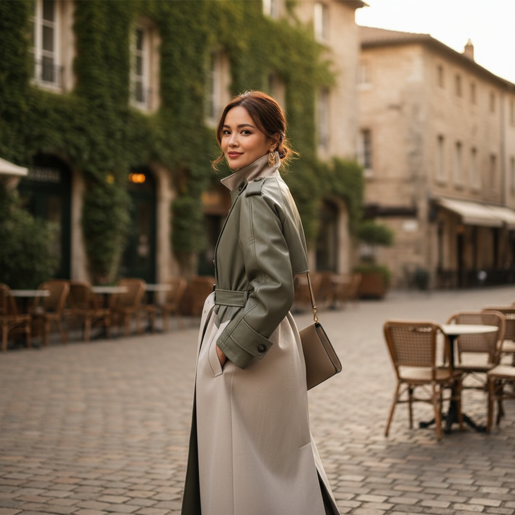 Women's two-tone trench coat with high mock neck, button front and belted waist