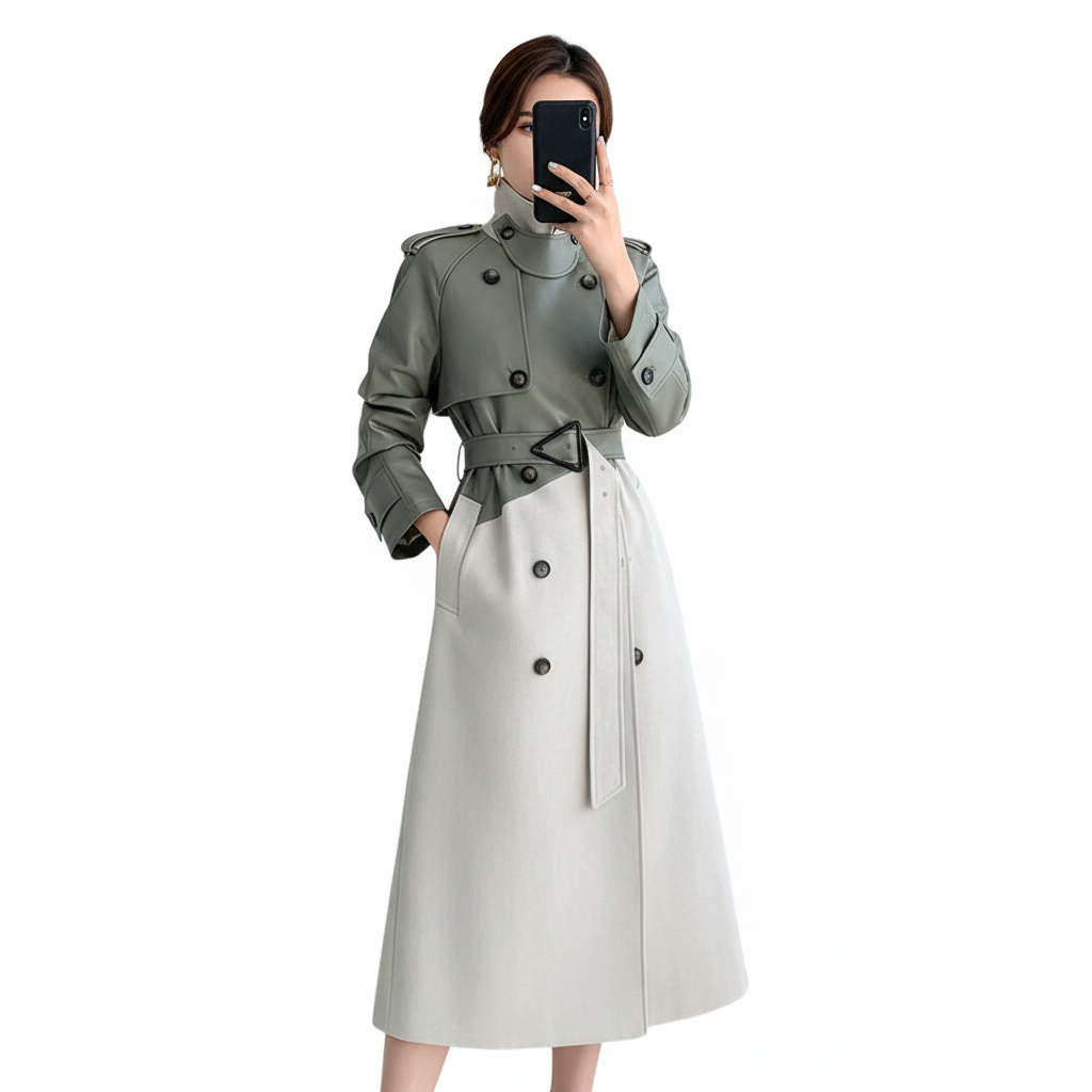 Women's two-tone trench coat with high mock neck, button front and belted waist