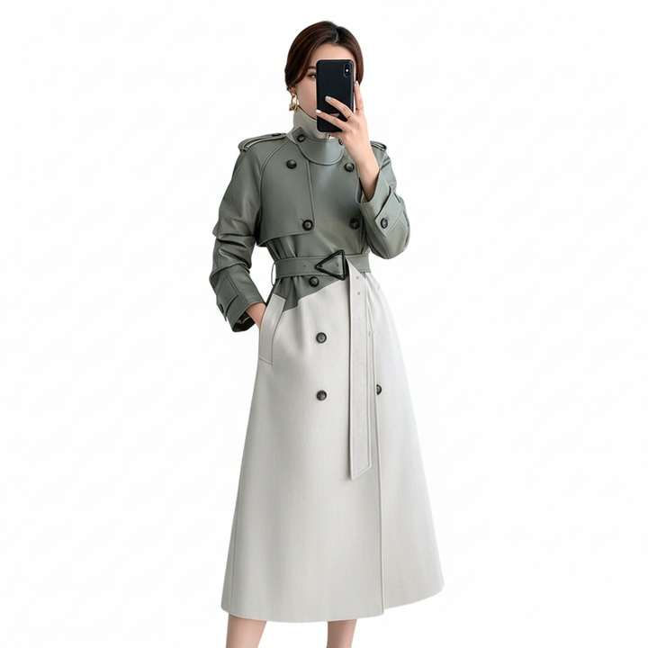 Women's two-tone trench coat with high mock neck, button front and belted waist