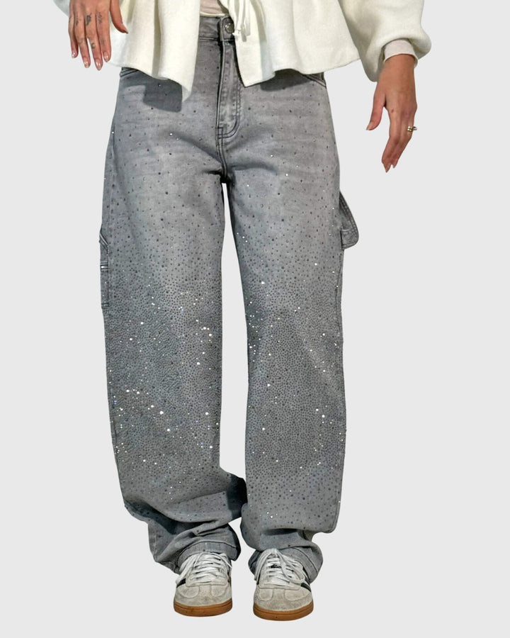 Women's relaxed wide-leg embellished cargo jeans with multiple pockets