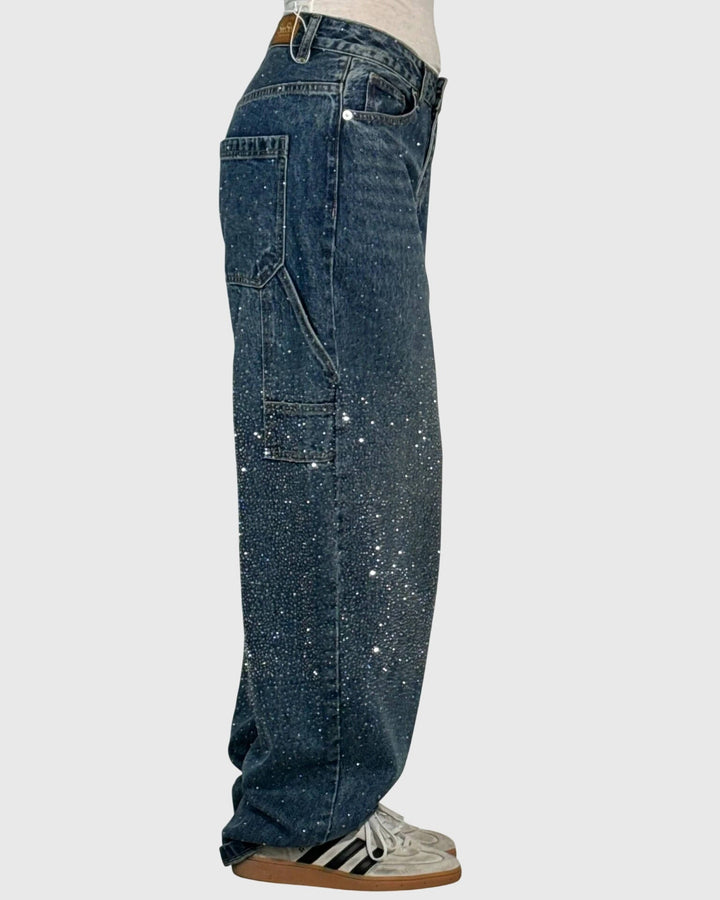 Women's relaxed wide-leg embellished cargo jeans with multiple pockets