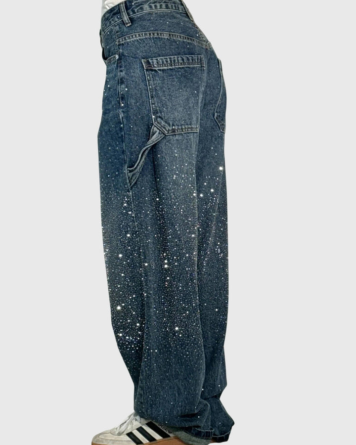 Women's relaxed wide-leg embellished cargo jeans with multiple pockets