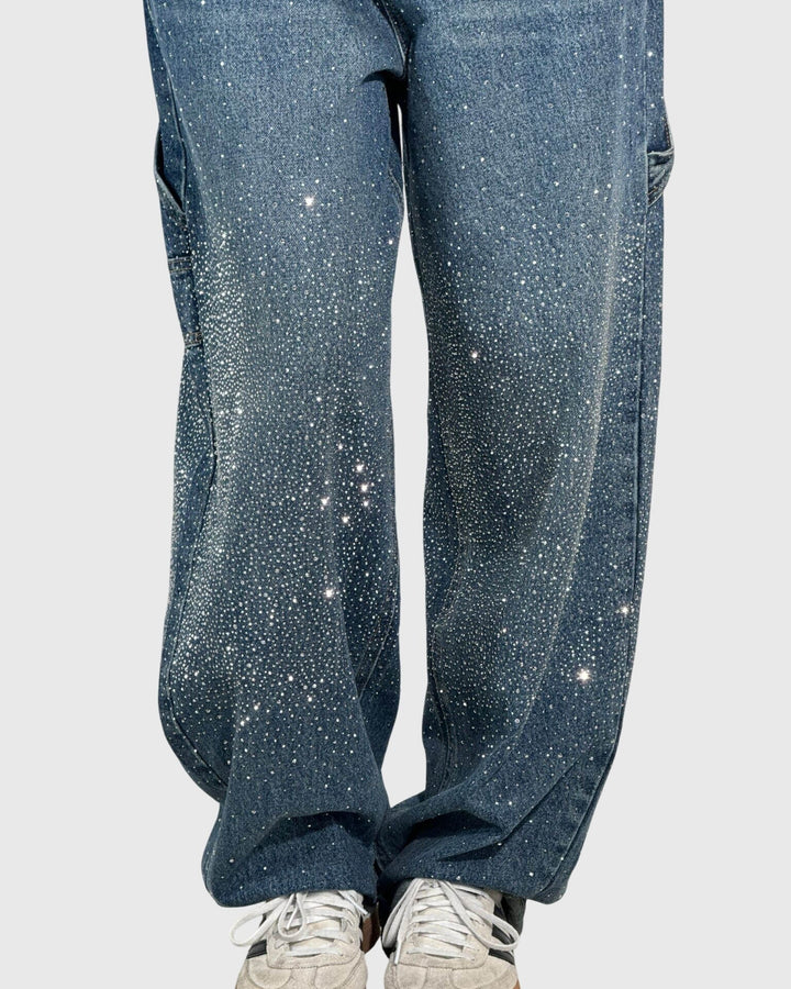 Women's relaxed wide-leg embellished cargo jeans with multiple pockets