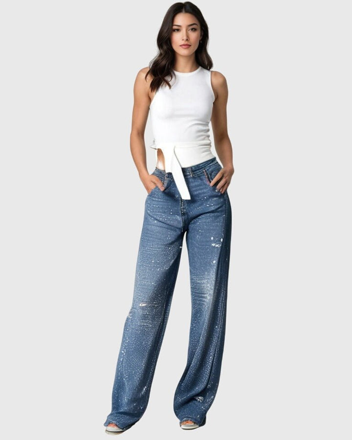 Women's relaxed wide-leg embellished cargo jeans with multiple pockets