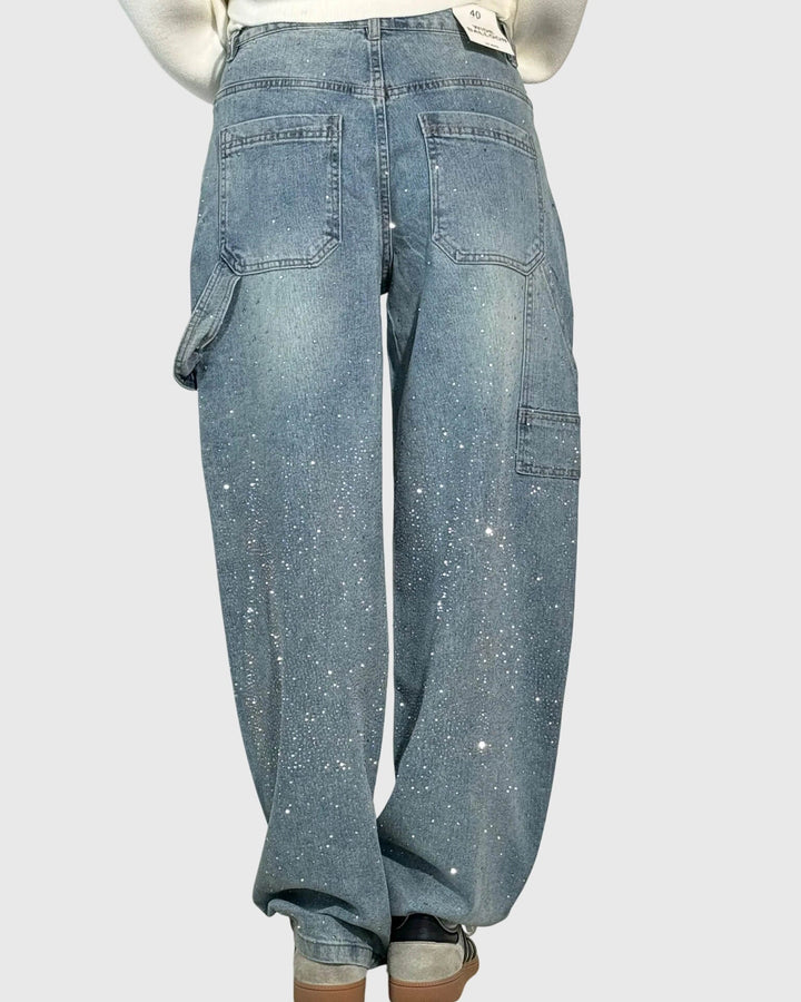 Women's relaxed wide-leg embellished cargo jeans with multiple pockets
