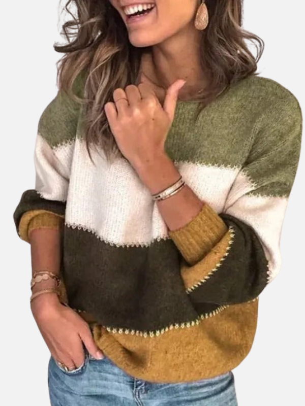Women's striped knit sweater with crew neckline and long sleeves