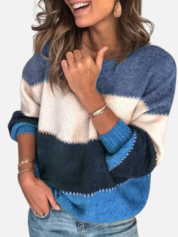 Women's striped knit sweater with crew neckline and long sleeves