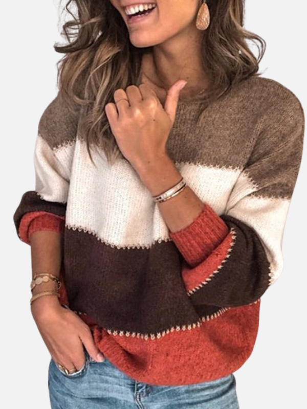 Women's striped knit sweater with crew neckline and long sleeves