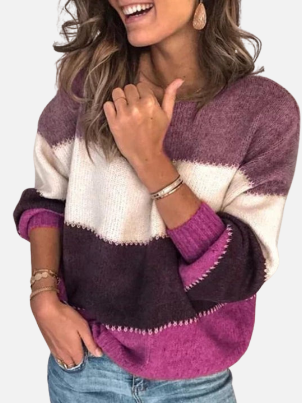 Women's striped knit sweater with crew neckline and long sleeves