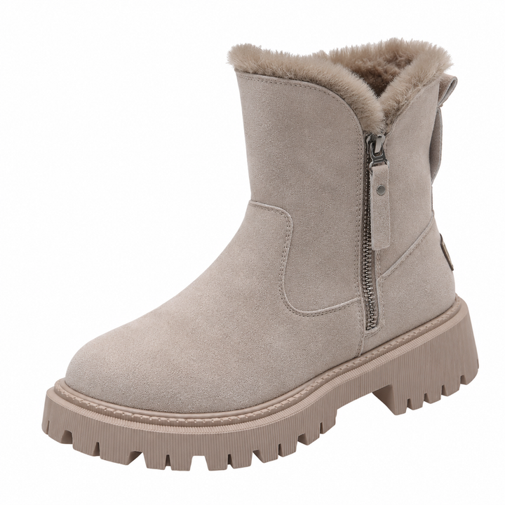 Women's ankle boots with plush trim, side zipper and chunky lug sole