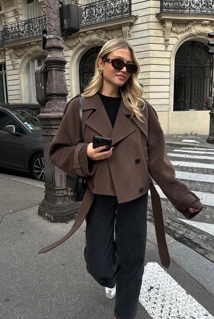 Women's brown cropped double-breasted jacket with lapels and long tie straps
