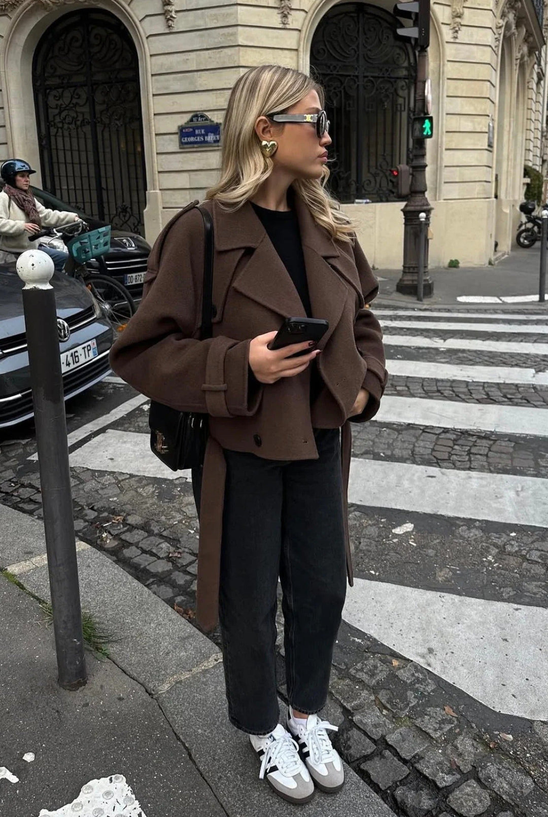 Women's brown cropped double-breasted jacket with lapels and long tie straps