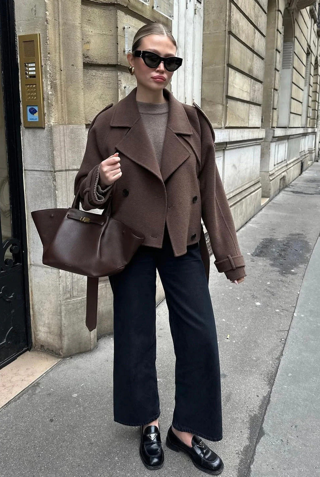 Women's brown cropped double-breasted jacket with lapels and long tie straps