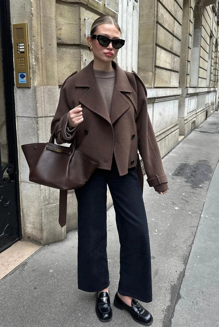 Women's brown cropped double-breasted jacket with lapels and long tie straps