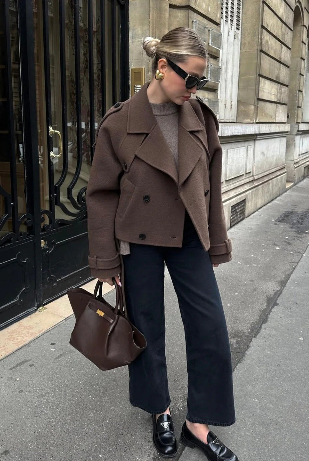 Women's brown cropped double-breasted jacket with lapels and long tie straps