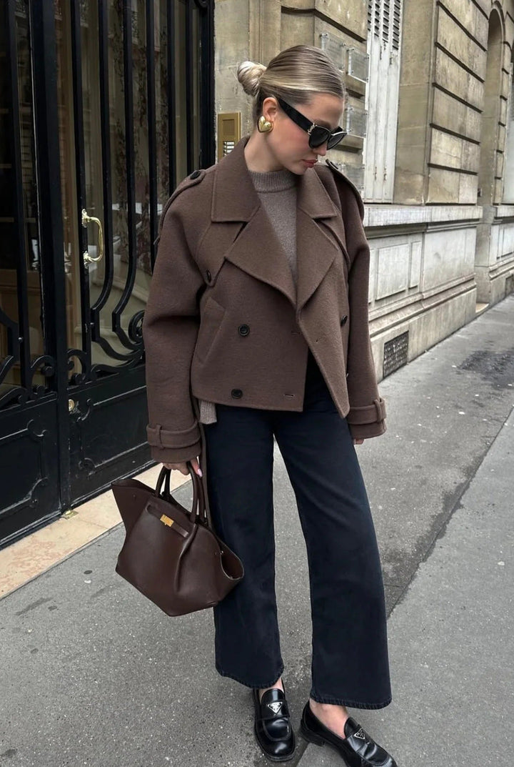 Women's brown cropped double-breasted jacket with lapels and long tie straps