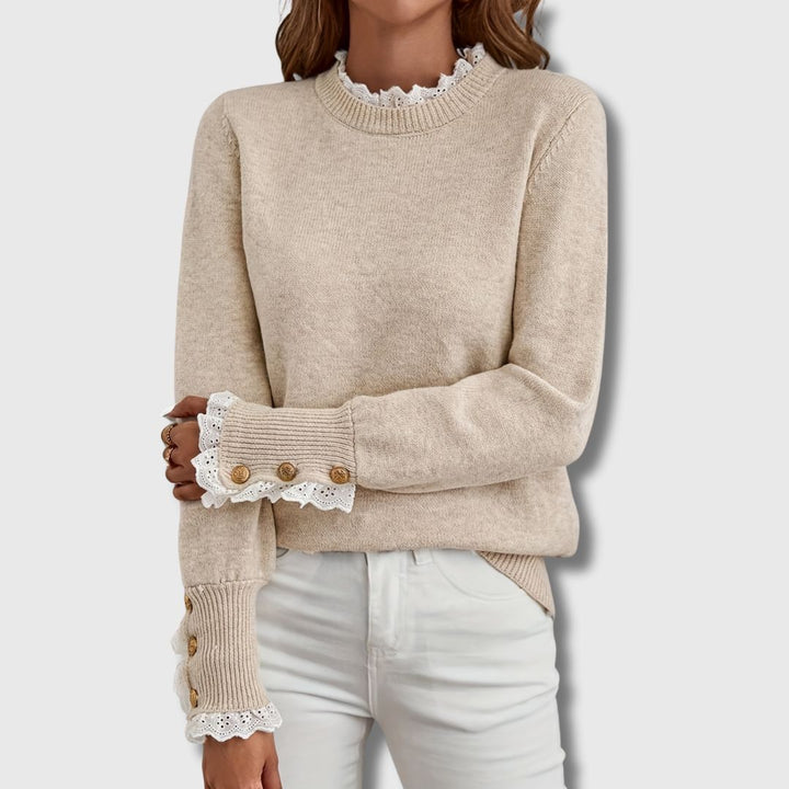Sweater for Women | Crewneck with Eyelet Lace Ruffle Details