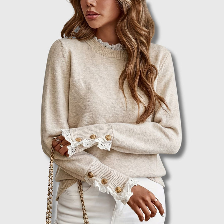 Sweater for Women | Crewneck with Eyelet Lace Ruffle Details