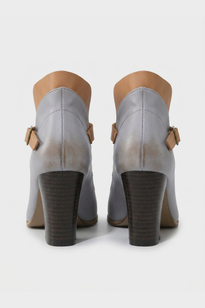 Women's closed-toe block heel pumps with ankle straps and buckle closures