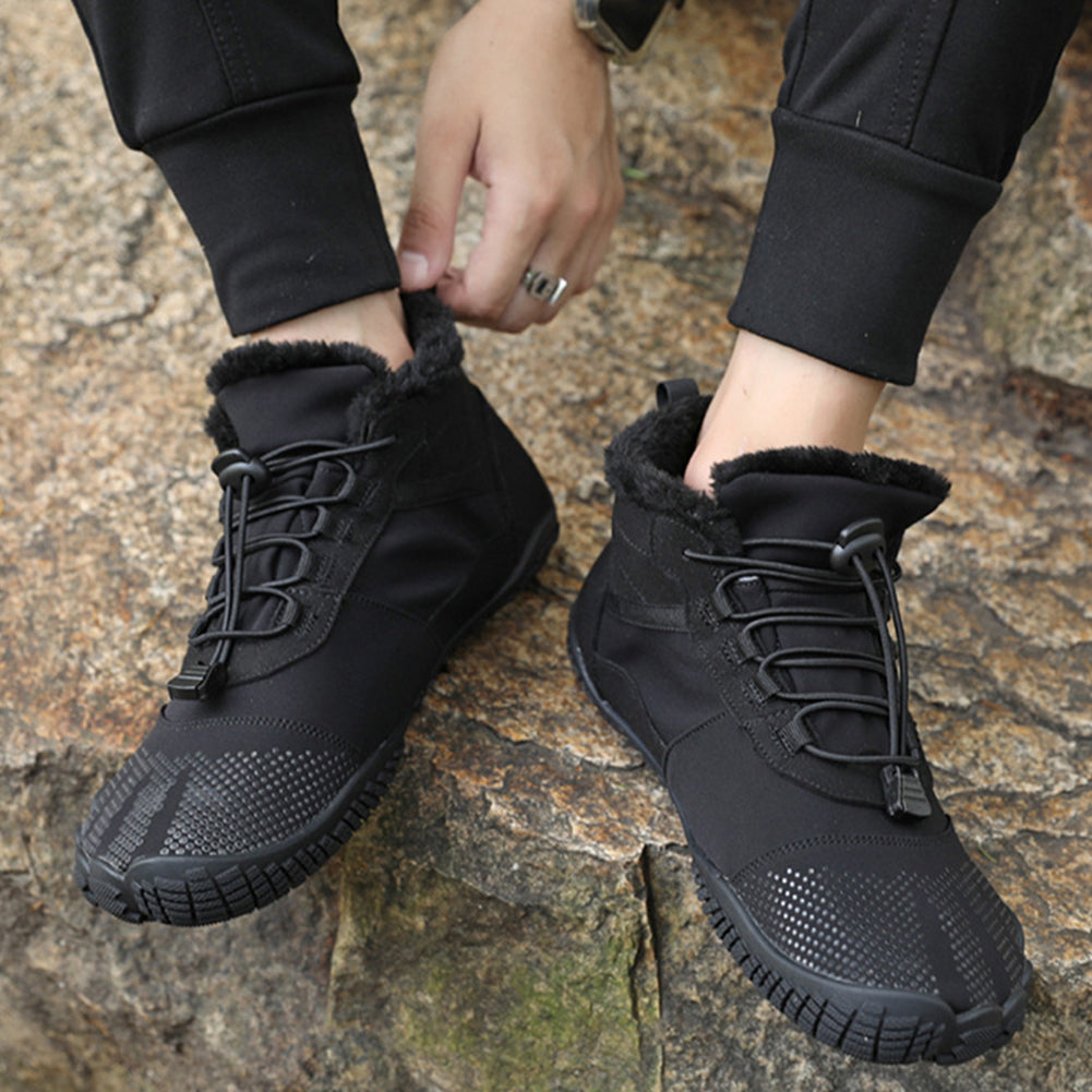 Ankle-height winter barefoot boots with lace-up toggle closure and textured sole
