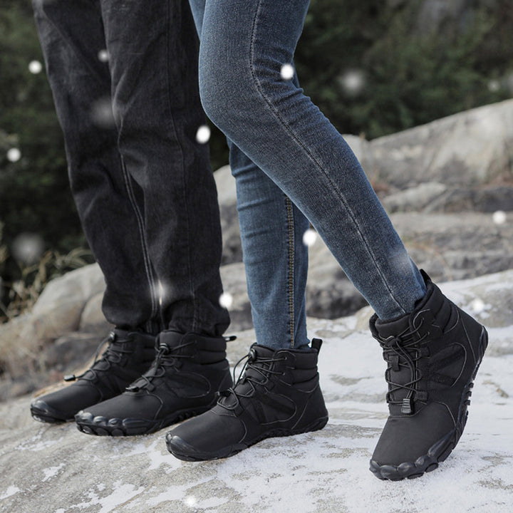 High-top barefoot ankle boots with round toes, lace-up fronts and textured flat soles