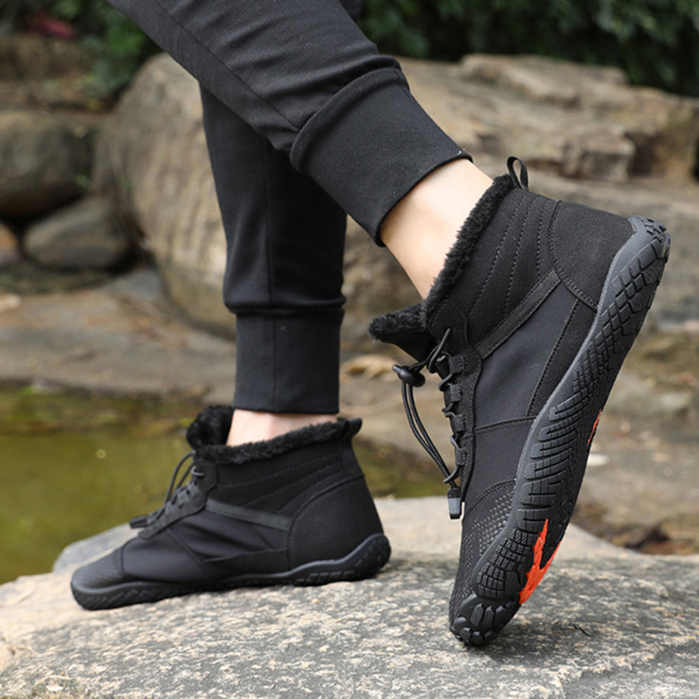 Ankle-height winter barefoot boots with lace-up toggle closure and textured sole