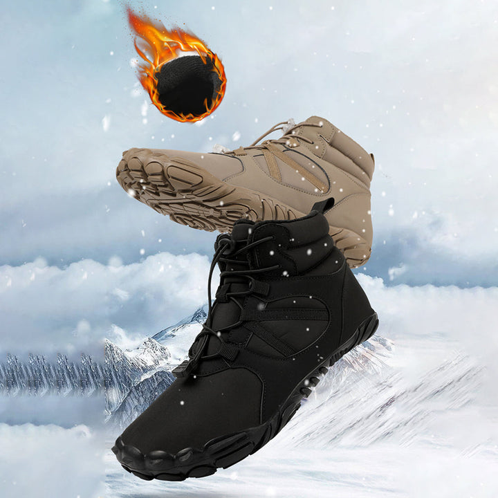 High-top barefoot ankle boots with round toes, lace-up fronts and textured flat soles