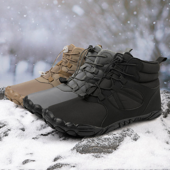 High-top barefoot ankle boots with round toes, lace-up fronts and textured flat soles