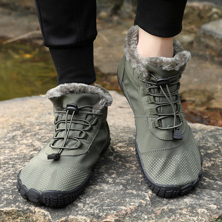 Ankle-height winter barefoot boots with lace-up toggle closure and textured sole