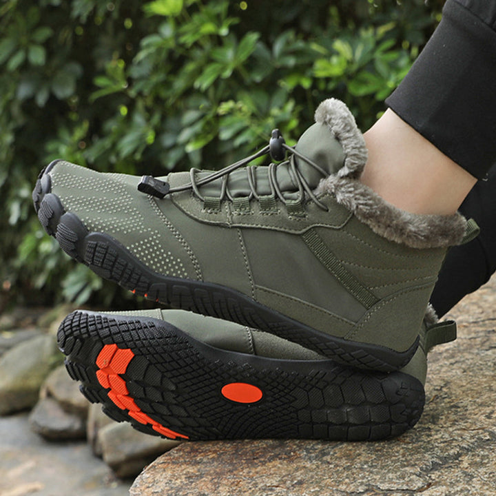 Ankle-height winter barefoot boots with lace-up toggle closure and textured sole