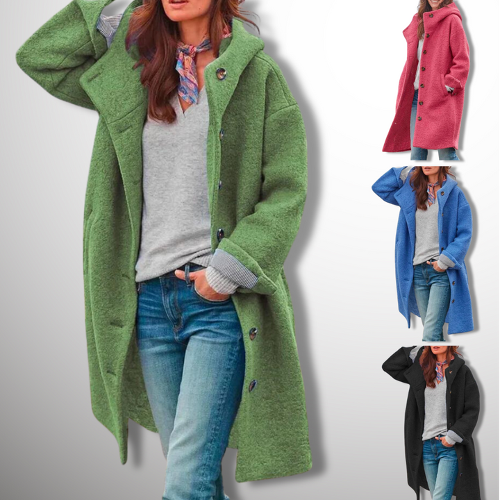 Women's long hooded button-front coat with side pockets and long sleeves
