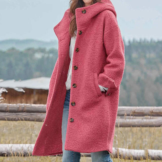 Women's long hooded button-front coat with side pockets and long sleeves