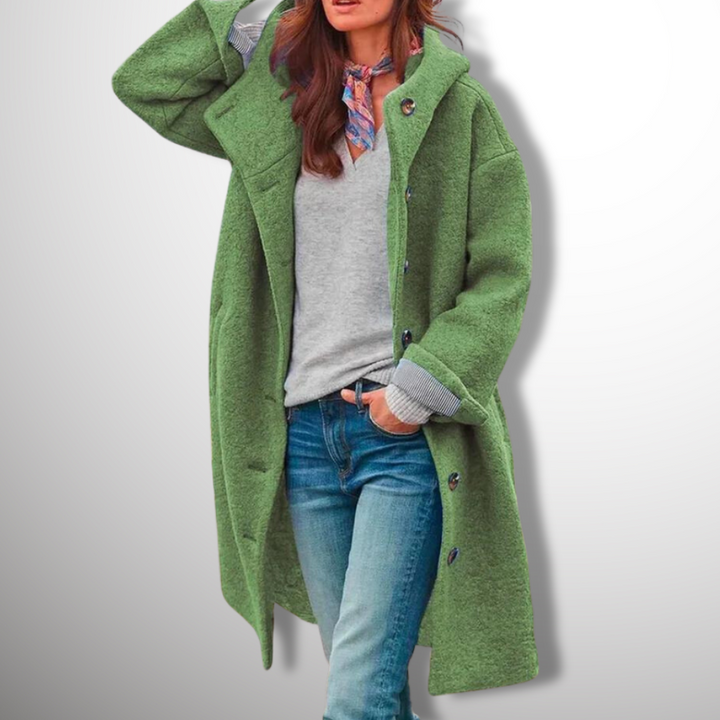 Women's long hooded button-front coat with side pockets and long sleeves