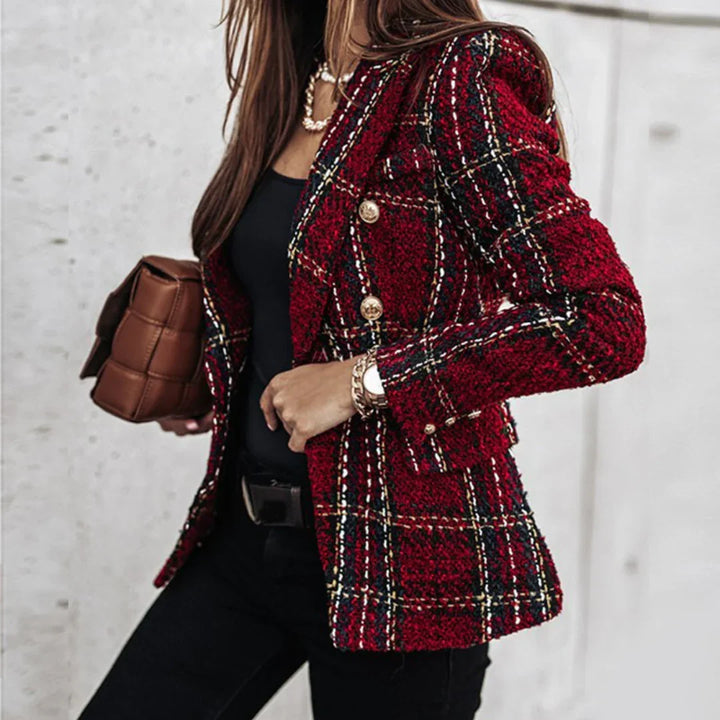 Women's checked long-sleeve blazer with button front