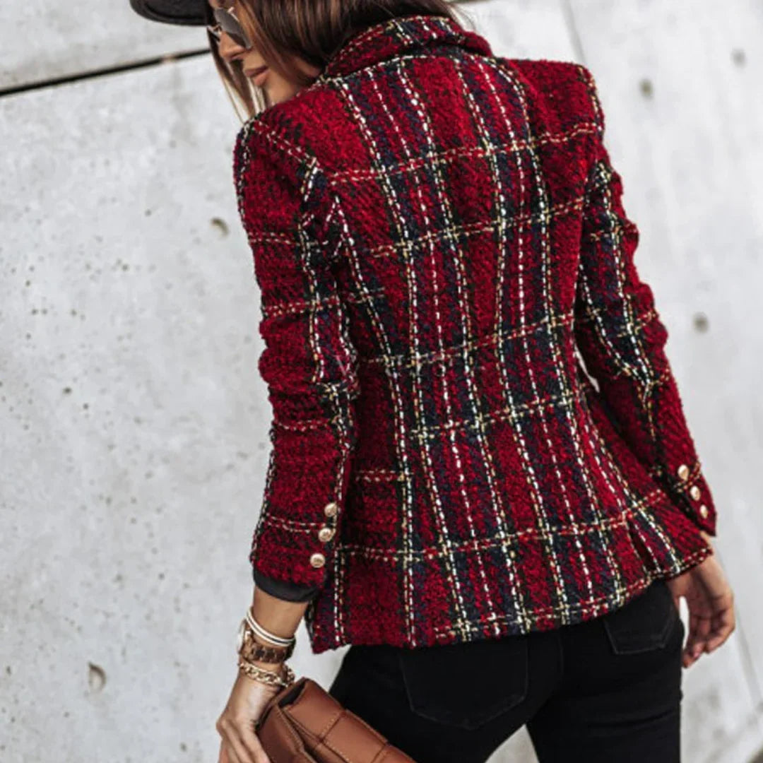 Women's checked long-sleeve blazer with button front