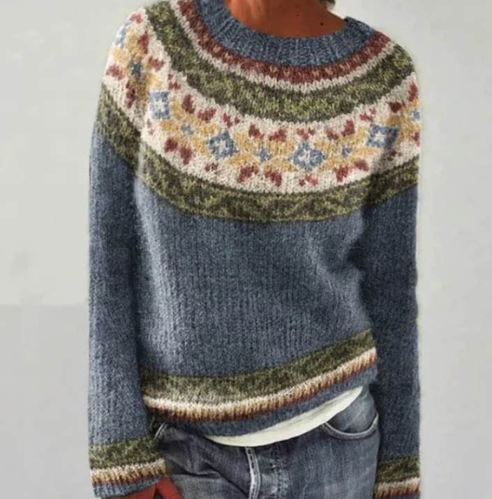 Women's multicolour Fair Isle boat neck sweater with long sleeves