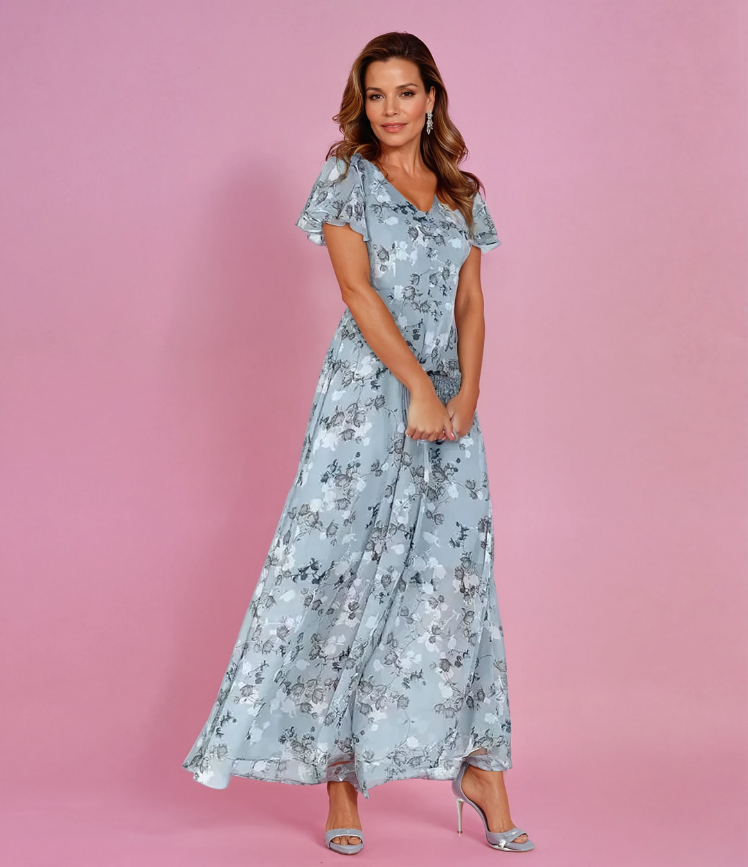 Women's Cocktail Maxi Dress | Flutter Sleeve V-Neck