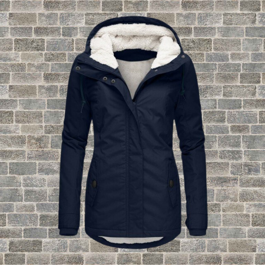Women's hooded coat with zip front, long sleeves, lined hood and buttoned pockets
