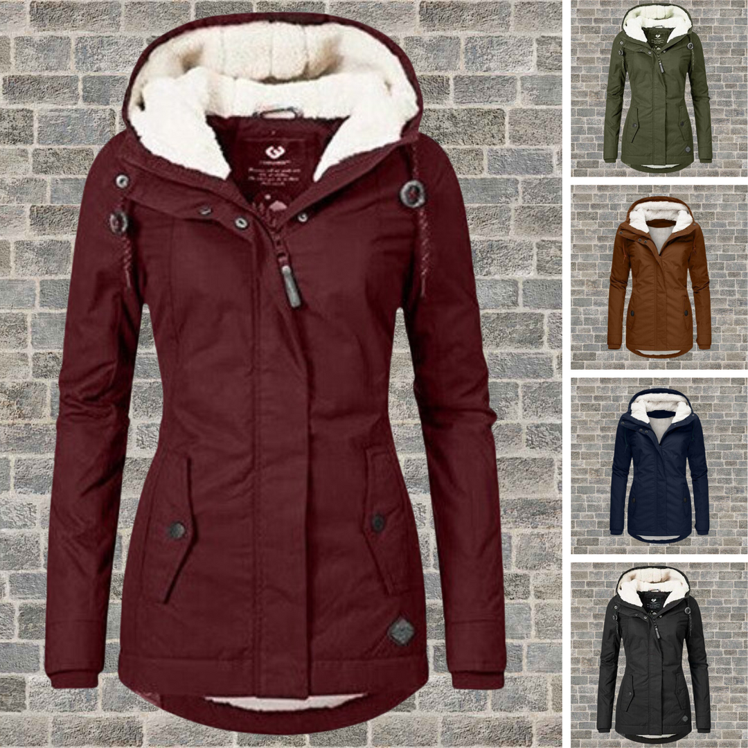 Women's hooded coat with zip front, long sleeves, lined hood and buttoned pockets