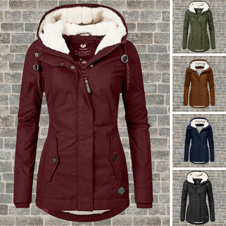 Women's hooded coat with zip front, long sleeves, lined hood and buttoned pockets