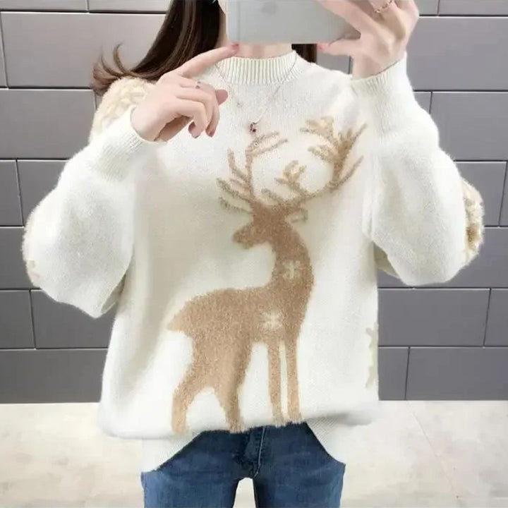 Women's knitted Christmas sweater with a reindeer motif, crew neck and long sleeves