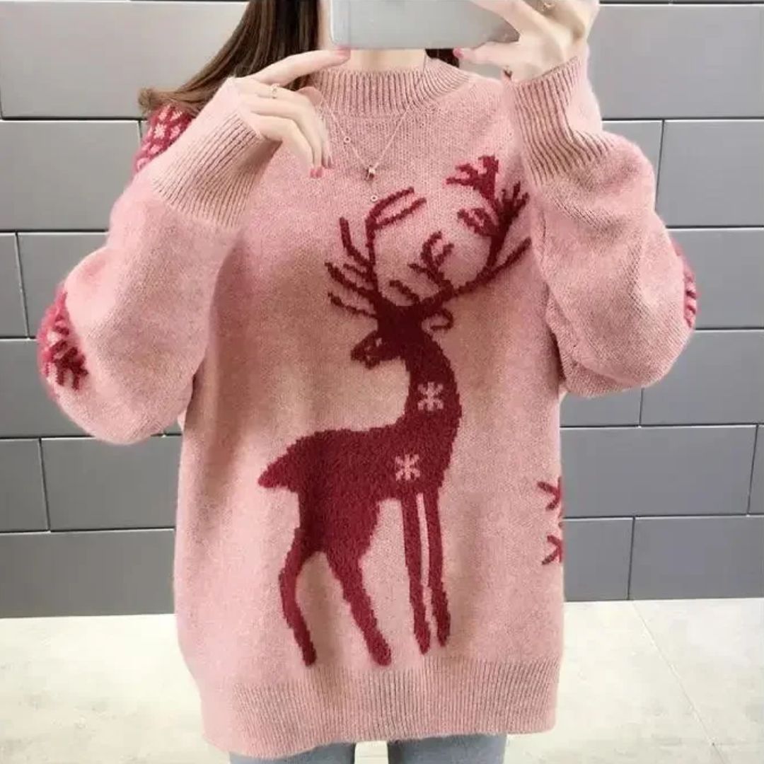 Women's knitted Christmas sweater with a reindeer motif, crew neck and long sleeves