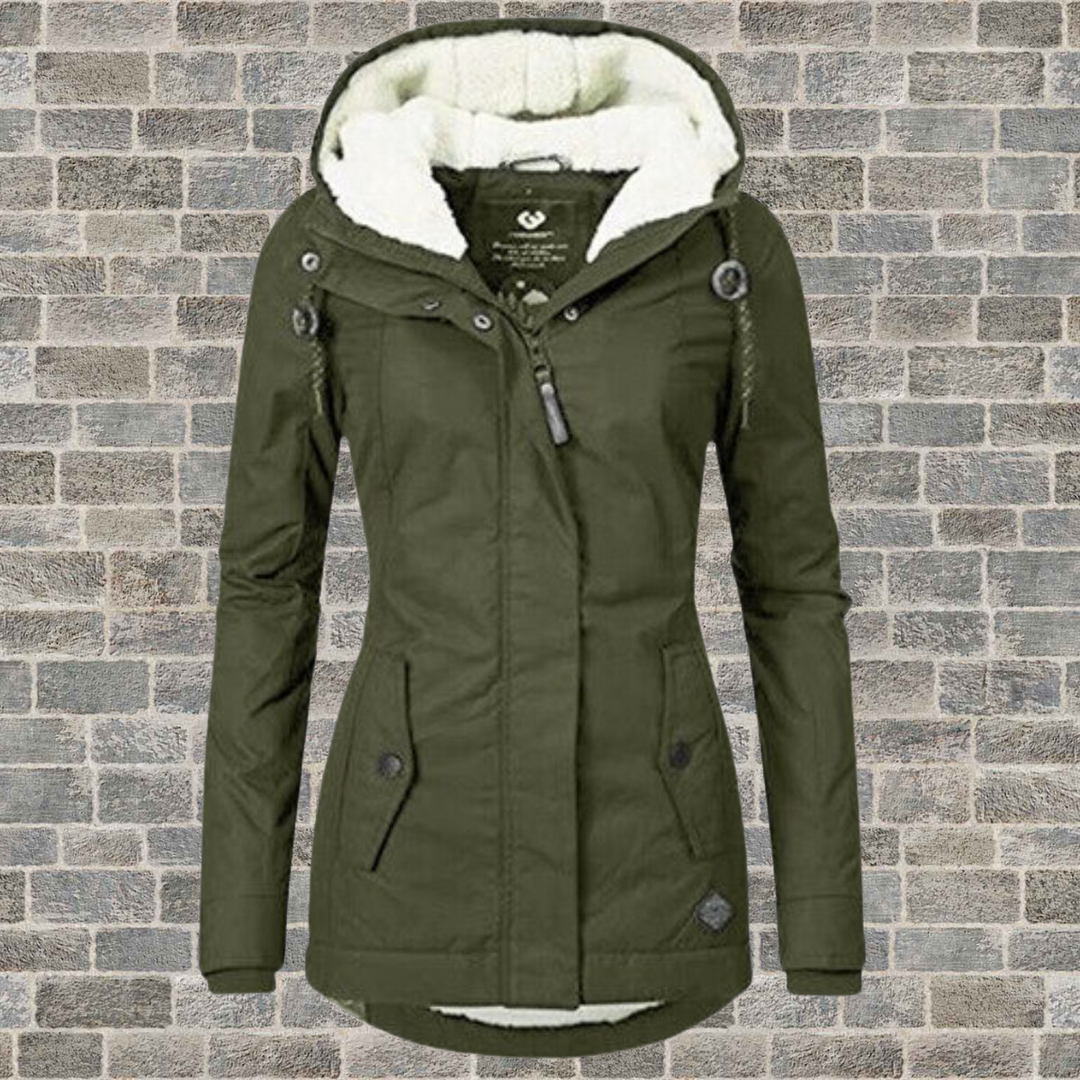 Women's hooded coat with zip front, long sleeves, lined hood and buttoned pockets